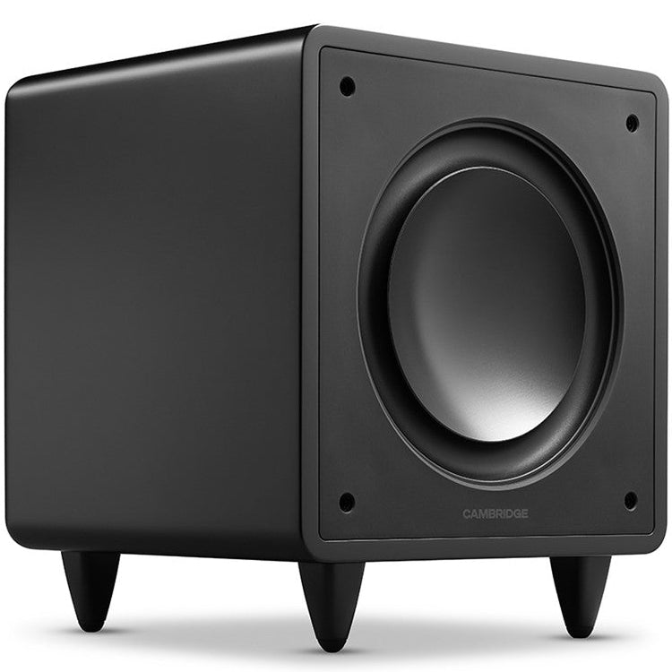 Cambridge Audio MSX Sub 300 subwoofer with sleek black cabinet and front-firing driver for deep bass sound.