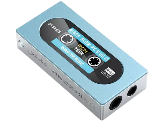FiiO KA15 headphone amplifier and DAC showing sleek black design with multiple input ports and control buttons.