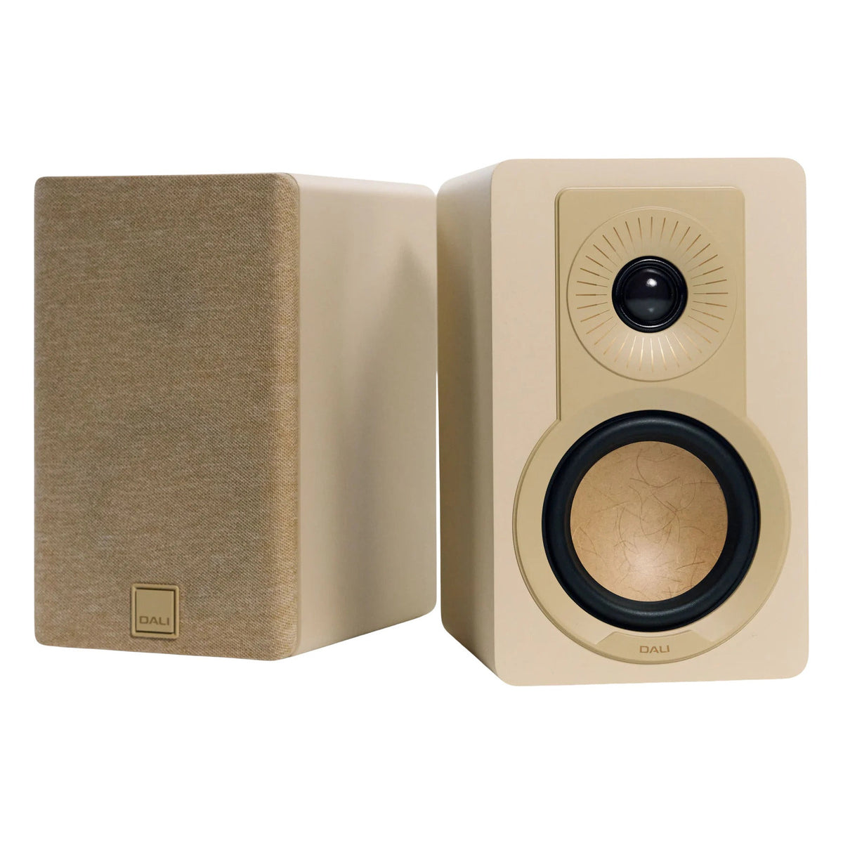 DALI Kupid passive bookshelf speakers with sleek black cabinets and compact design, ideal for home audio setups.