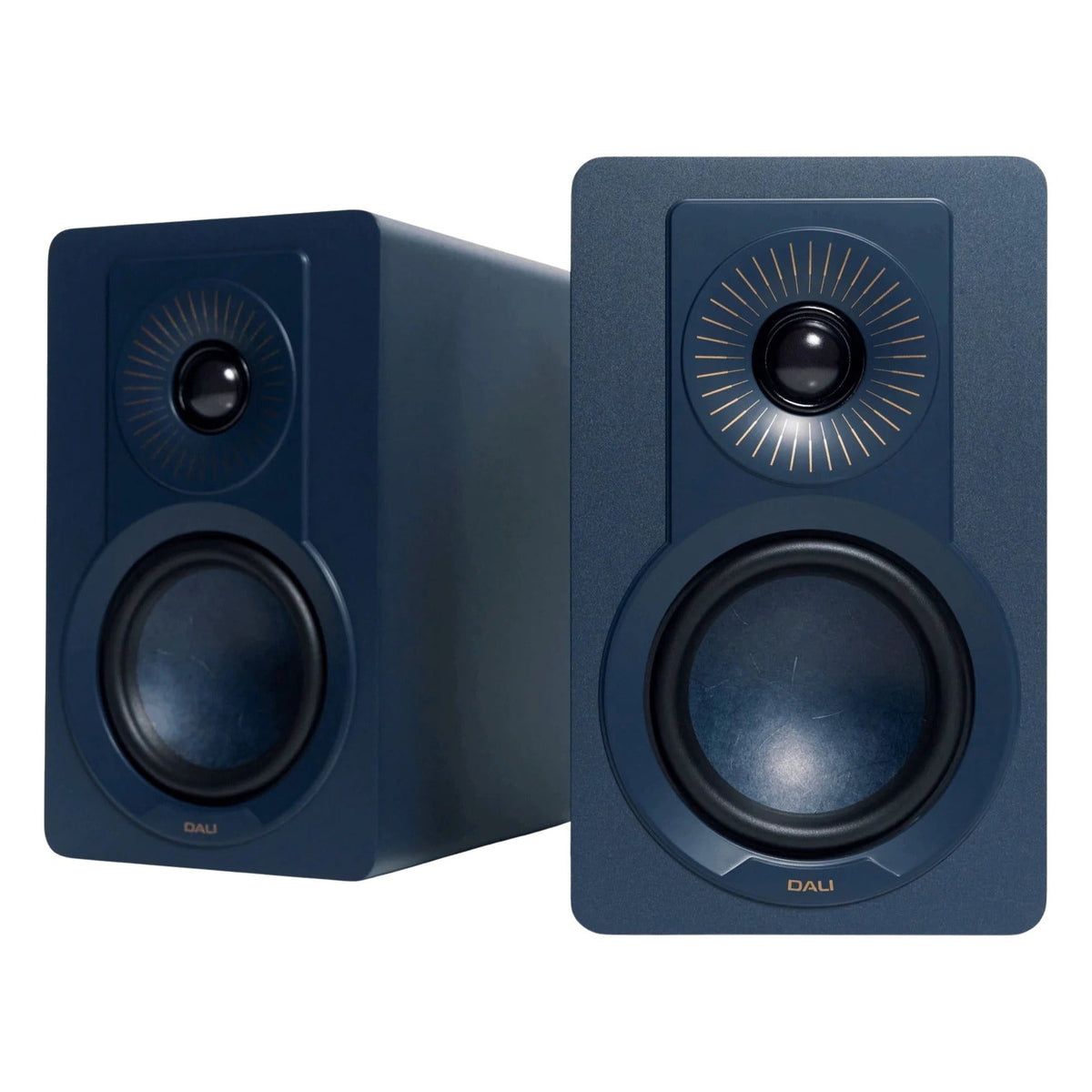 DALI Kupid passive bookshelf speakers with black woodgrain finish, compact design, and front-facing drivers for high-quality sound.