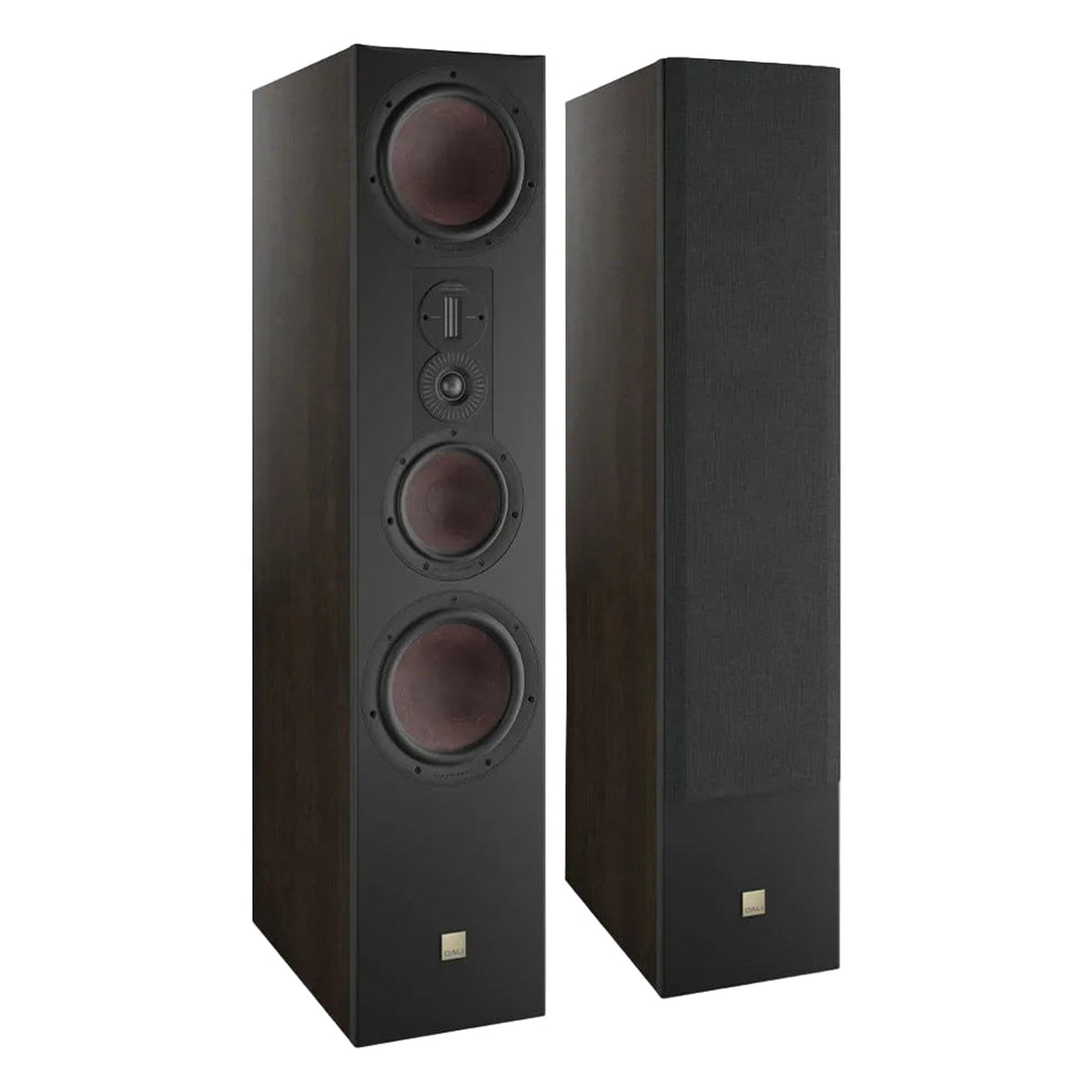 DALI Opticon 8 MK2 passive floorstanding speakers with sleek black finish and large speaker drivers for high-quality sound.