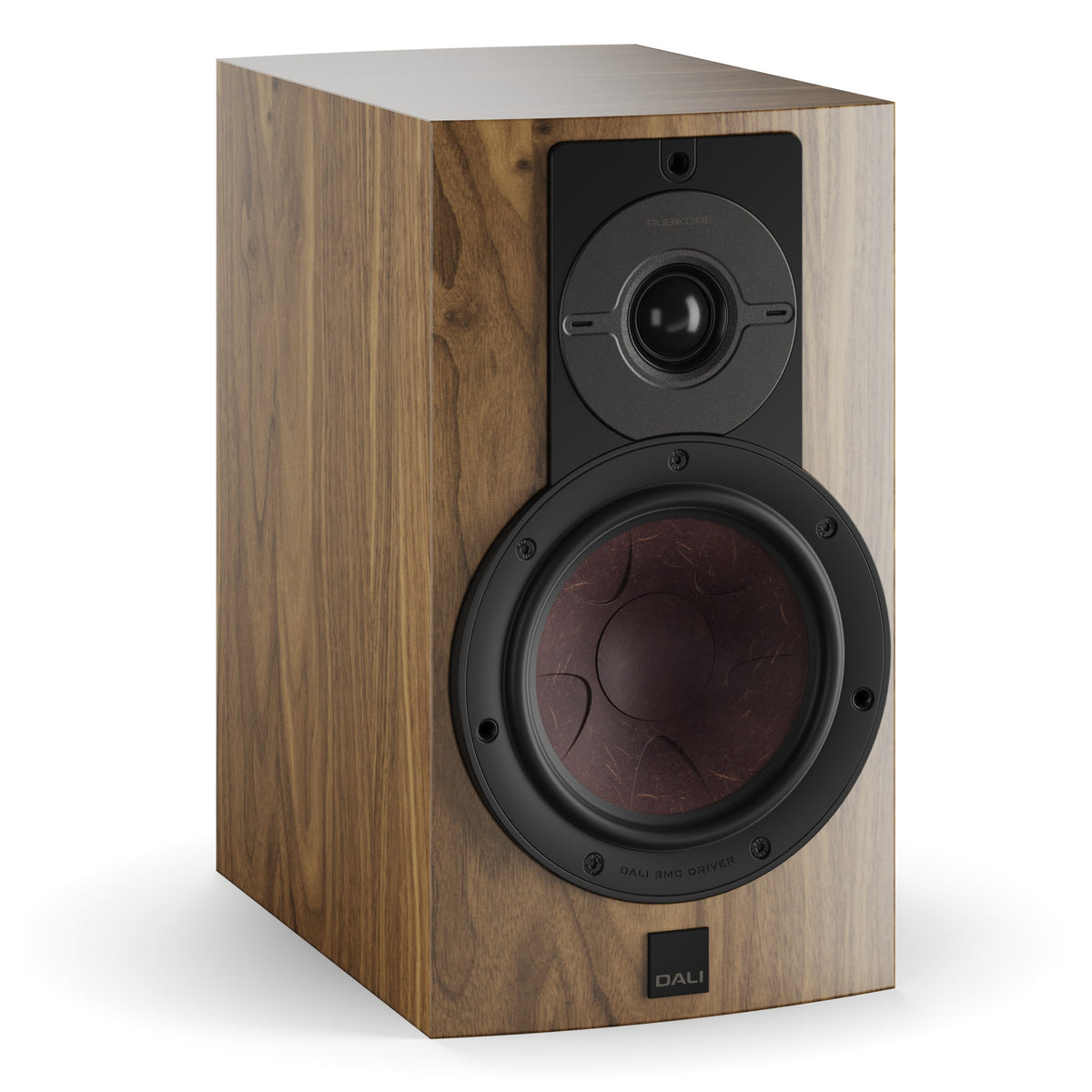 DALI Rubikore 2 passive bookshelf speakers with wood finish and compact design, showing front view with speaker grille.