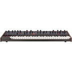 Sequential OB-6 synthesizer with a sleek control panel and keyboard, featuring knobs and keys for rich analog sound creation.