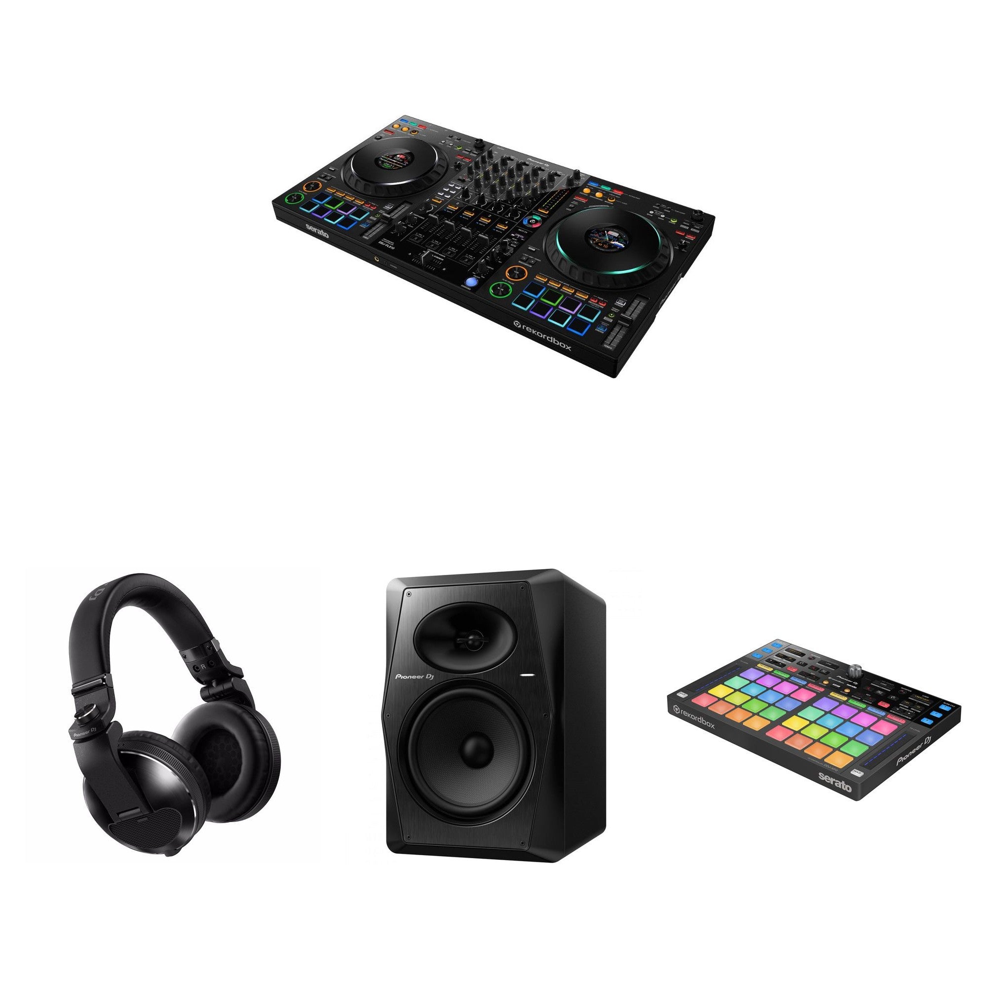 Pioneer DJ DDJ-FLX10 Command Center DJ bundle with mixer and control interface, featuring multiple jog wheels and control knobs.