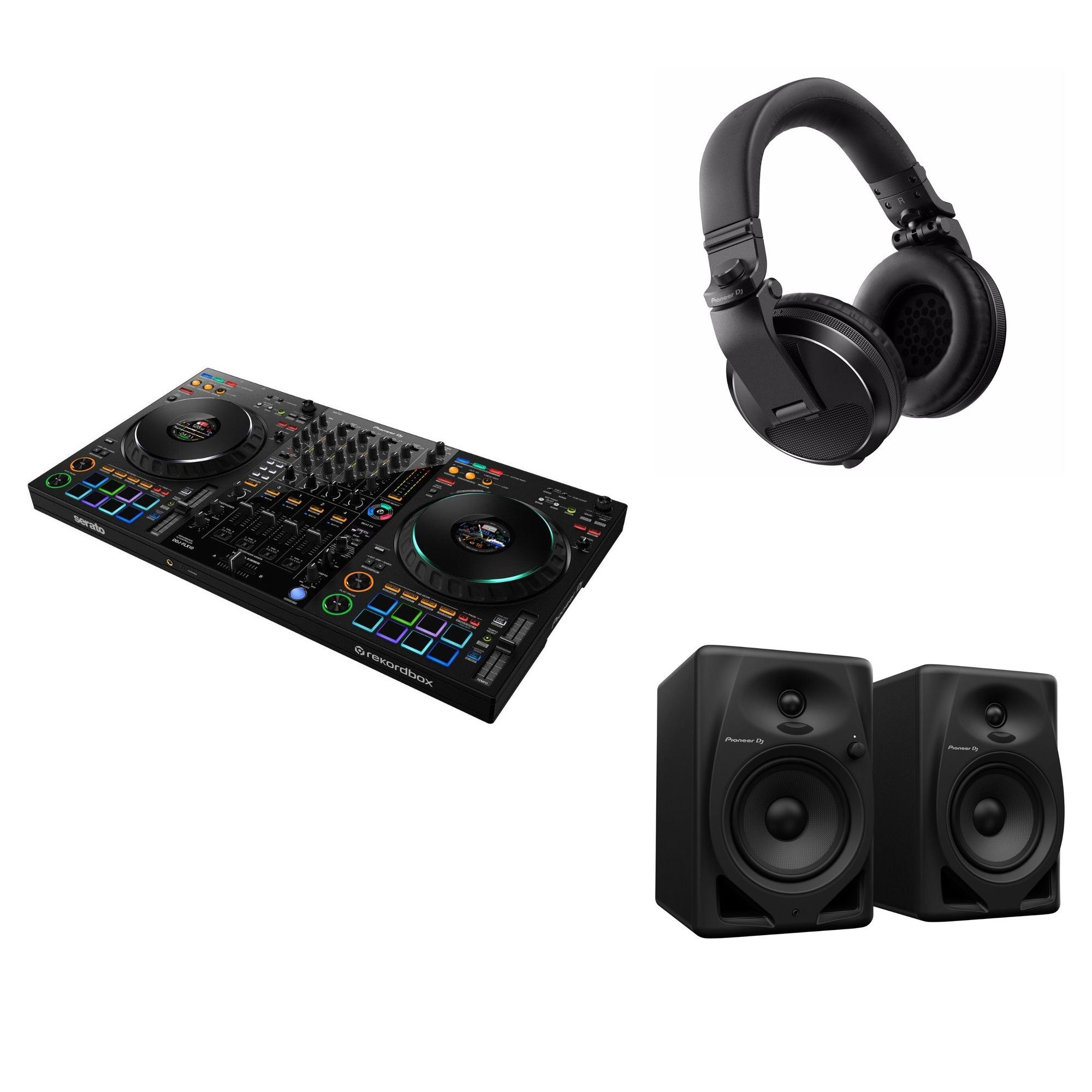 Pioneer DJ DDJ-FLX10 home studio DJ bundle with controller, headphones, and accessories on a setup table.