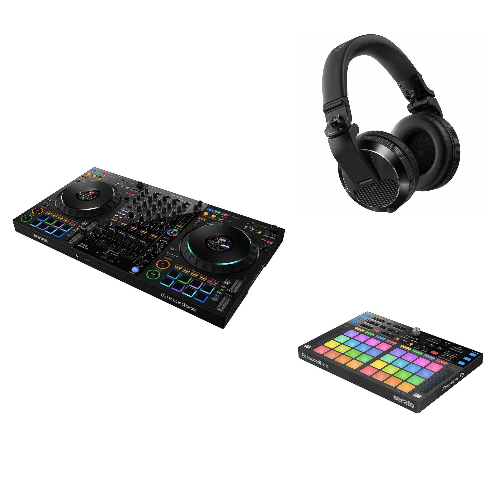 Pioneer DJ DDJ-FLX10 Performance Pack DJ bundle with mixer, controllers, and accessories for professional DJ setup.