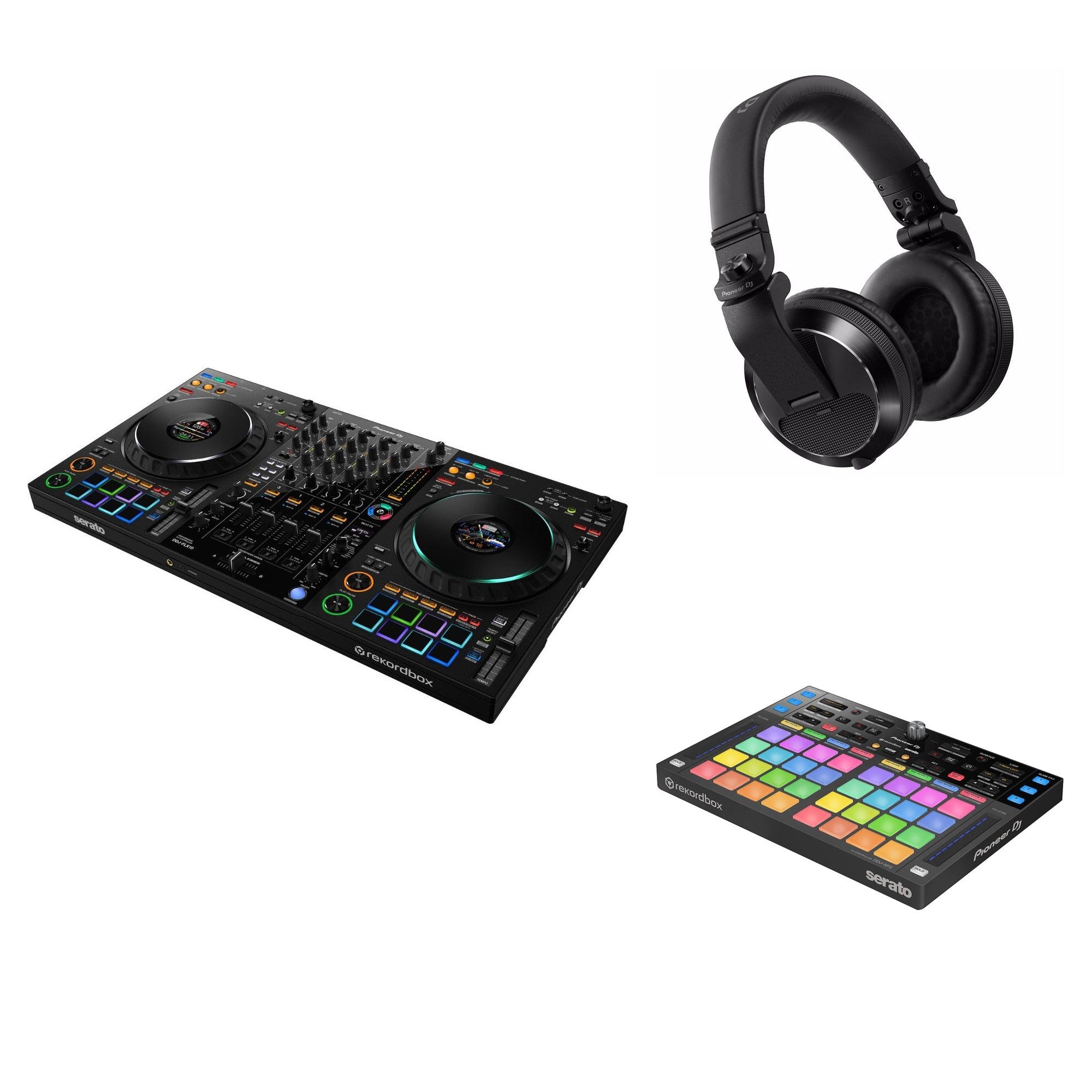 Pioneer DJ DDJ-FLX10 Performance Pack DJ bundle with mixer, controllers, and accessories for professional DJ setup.