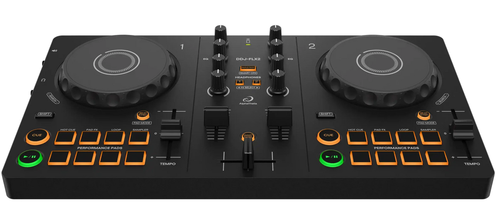 AlphaTheta DDJ-FLX2 DJ controller showing front angle with colorful jog wheels and control knobs for mixing music.