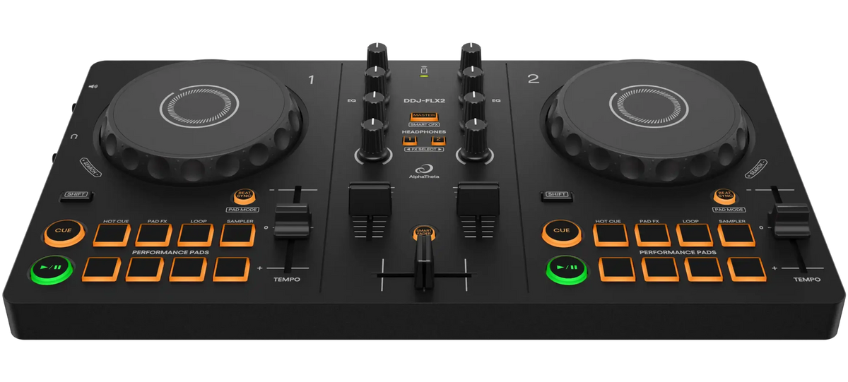 AlphaTheta DDJ-FLX2 DJ controller showing front angle with colorful jog wheels and control knobs for mixing music.
