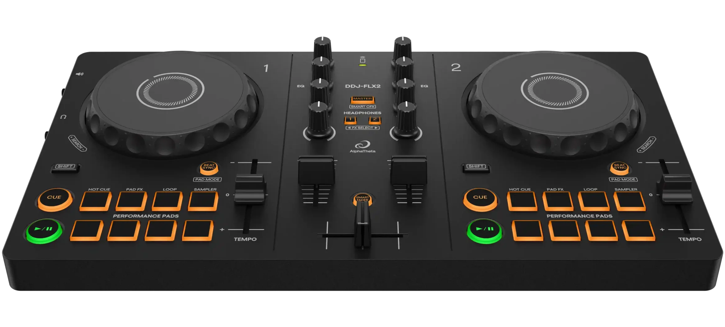 AlphaTheta DDJ-FLX2 DJ controller showing front angle with colorful jog wheels and control knobs for mixing music.