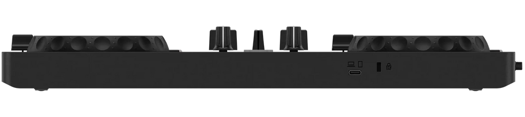 Rear view of AlphaTheta DDJ-FLX2 DJ controller showing input/output ports and control layout.