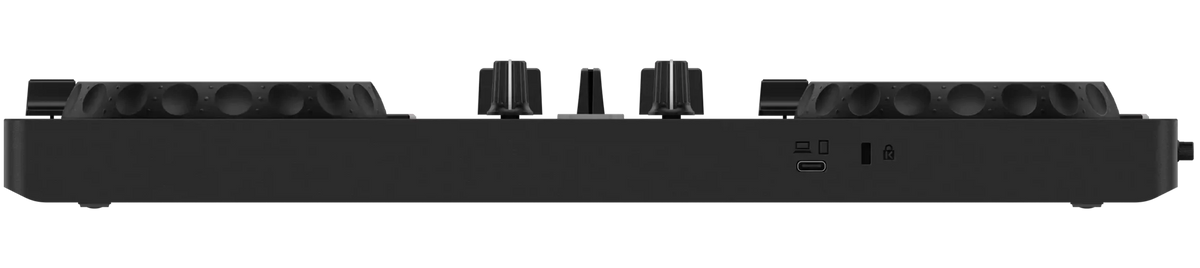 Rear view of AlphaTheta DDJ-FLX2 DJ controller showing input/output ports and control layout.