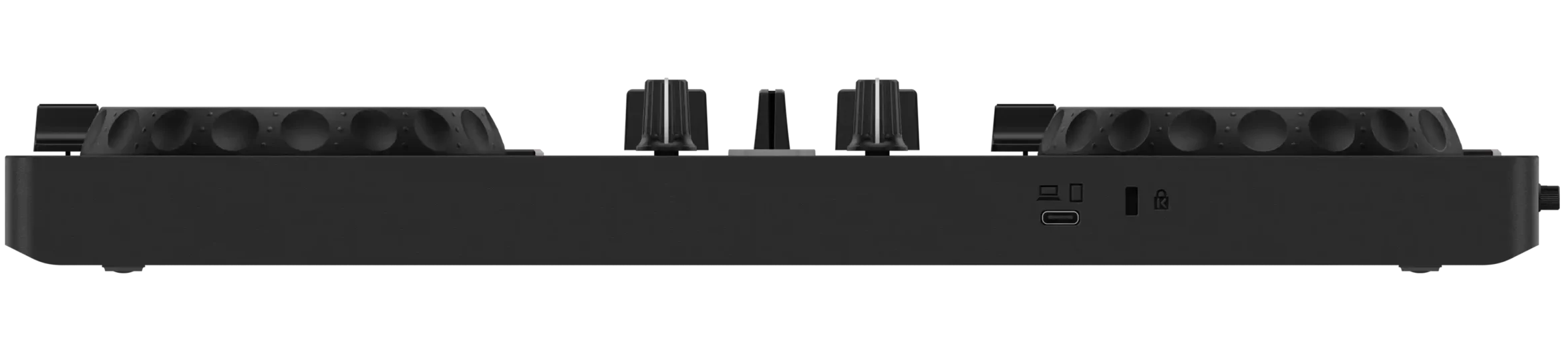 Rear view of AlphaTheta DDJ-FLX2 DJ controller showing input/output ports and control layout.