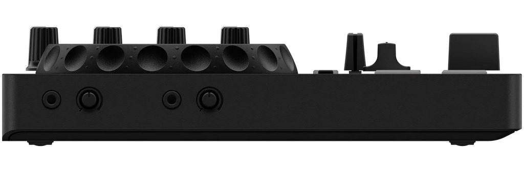 AlphaTheta DDJ-FLX2 DJ controller showing side view with jog wheels, performance pads, and control knobs for music mixing.