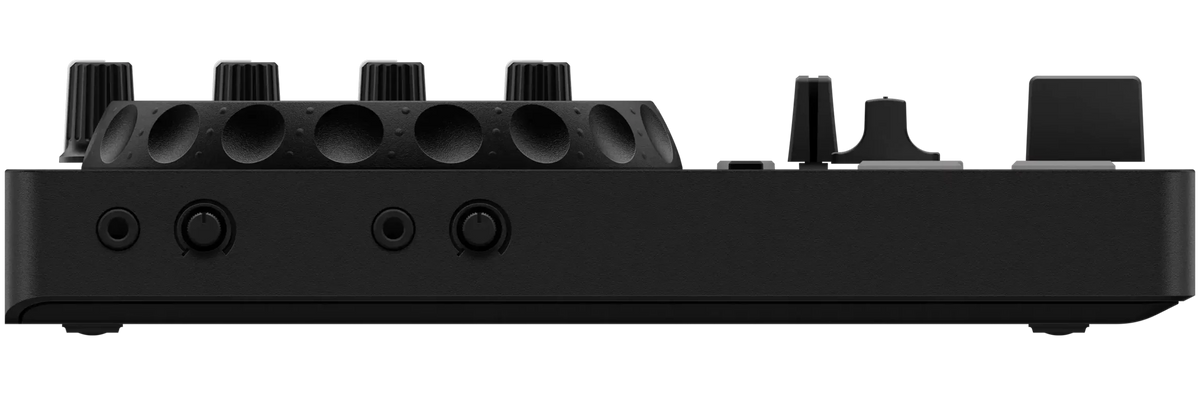 AlphaTheta DDJ-FLX2 DJ controller showing side view with jog wheels, performance pads, and control knobs for music mixing.