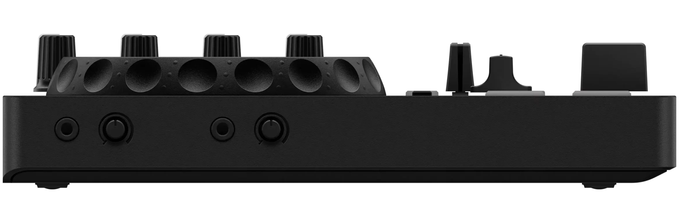 AlphaTheta DDJ-FLX2 DJ controller showing side view with jog wheels, performance pads, and control knobs for music mixing.