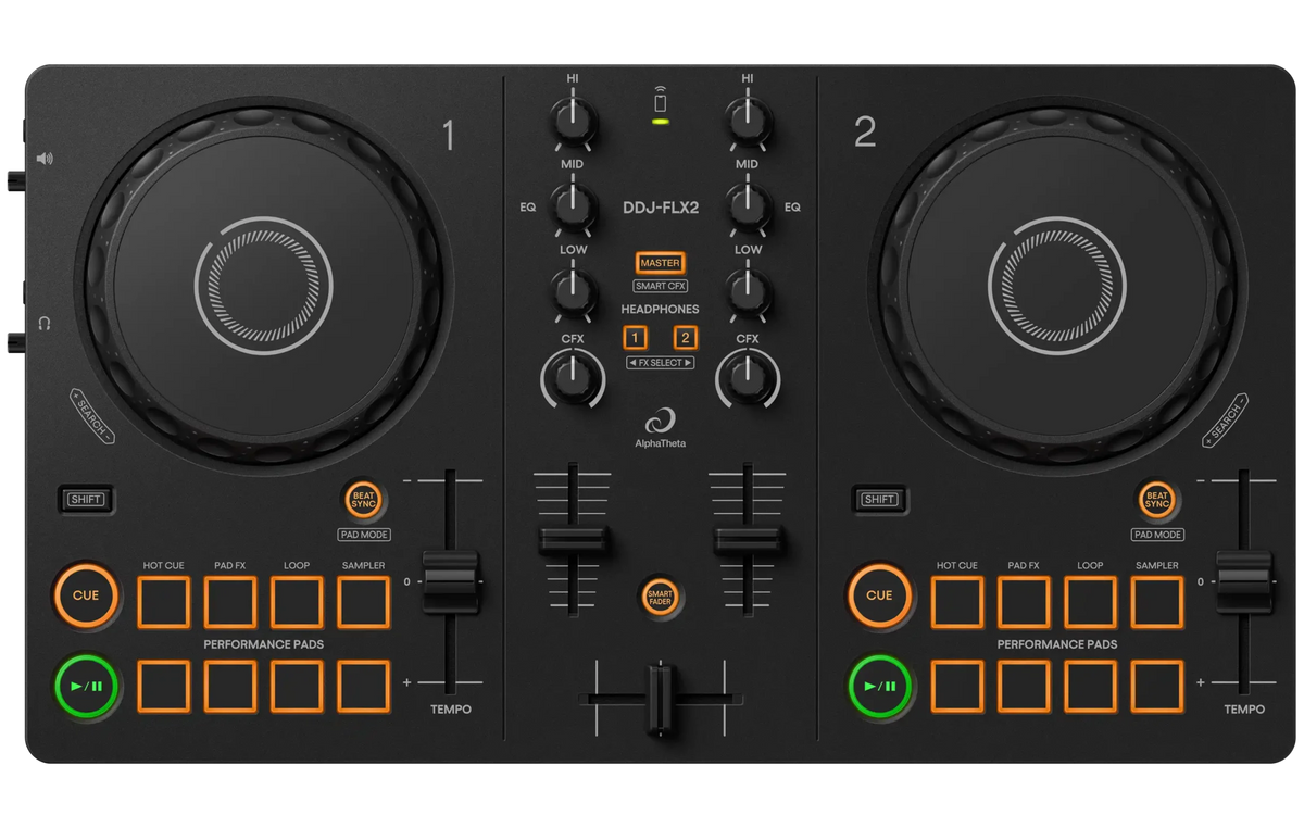 AlphaTheta DDJ-FLX2 DJ controller with jog wheels, mixer features, and colorful performance pads for DJing professionals.