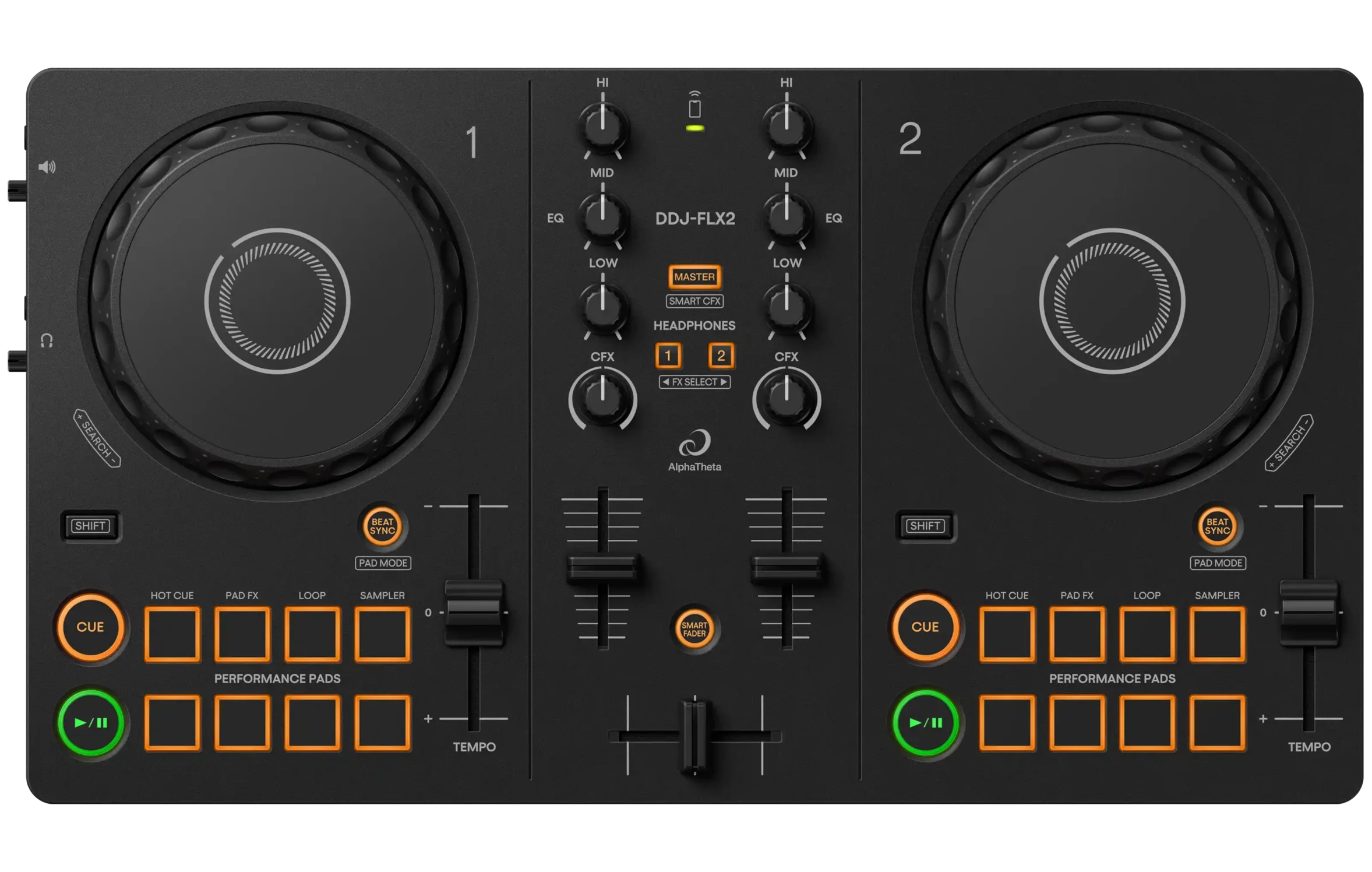 AlphaTheta DDJ-FLX2 DJ controller with jog wheels, mixer features, and colorful performance pads for DJing professionals.