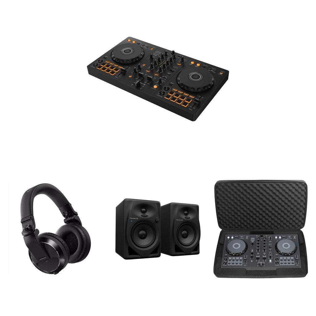 Pioneer DJ DDJ-FLX4 DJ controller full setup with mixer and accessories in a professional DJ bundle setup.