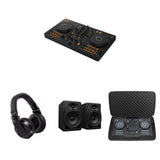 Pioneer DJ DDJ-FLX4 full DJ controller setup with mixer, turntables, and accessories in a professional DJ bundle.