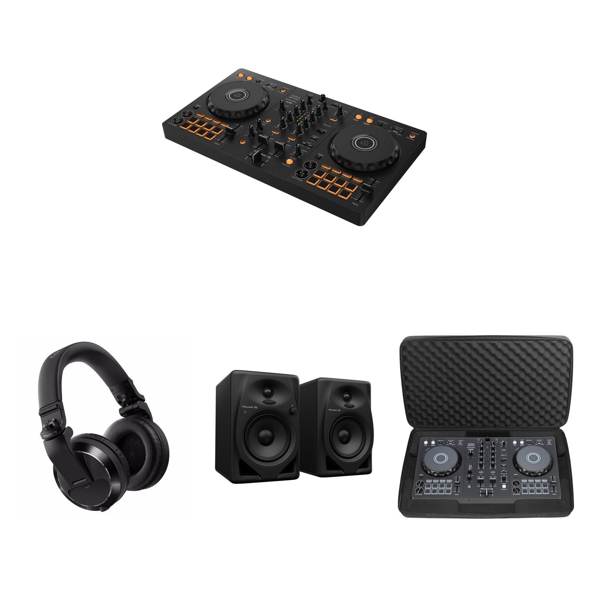Pioneer DJ DDJ-FLX4 full DJ controller setup with mixer, turntables, and accessories in a professional DJ bundle.
