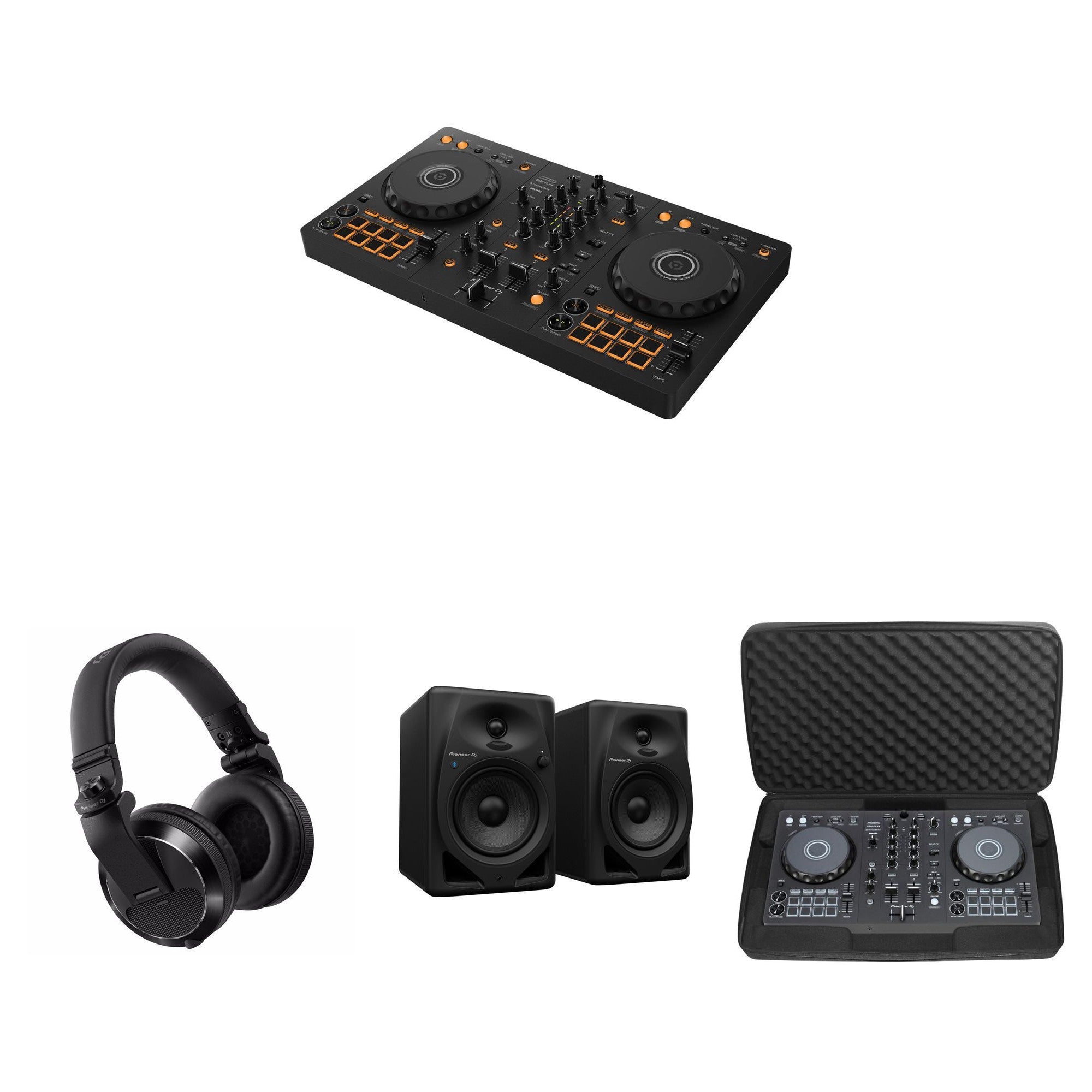 Pioneer DJ DDJ-FLX4 full DJ controller setup with mixer, turntables, and accessories in a professional DJ bundle.