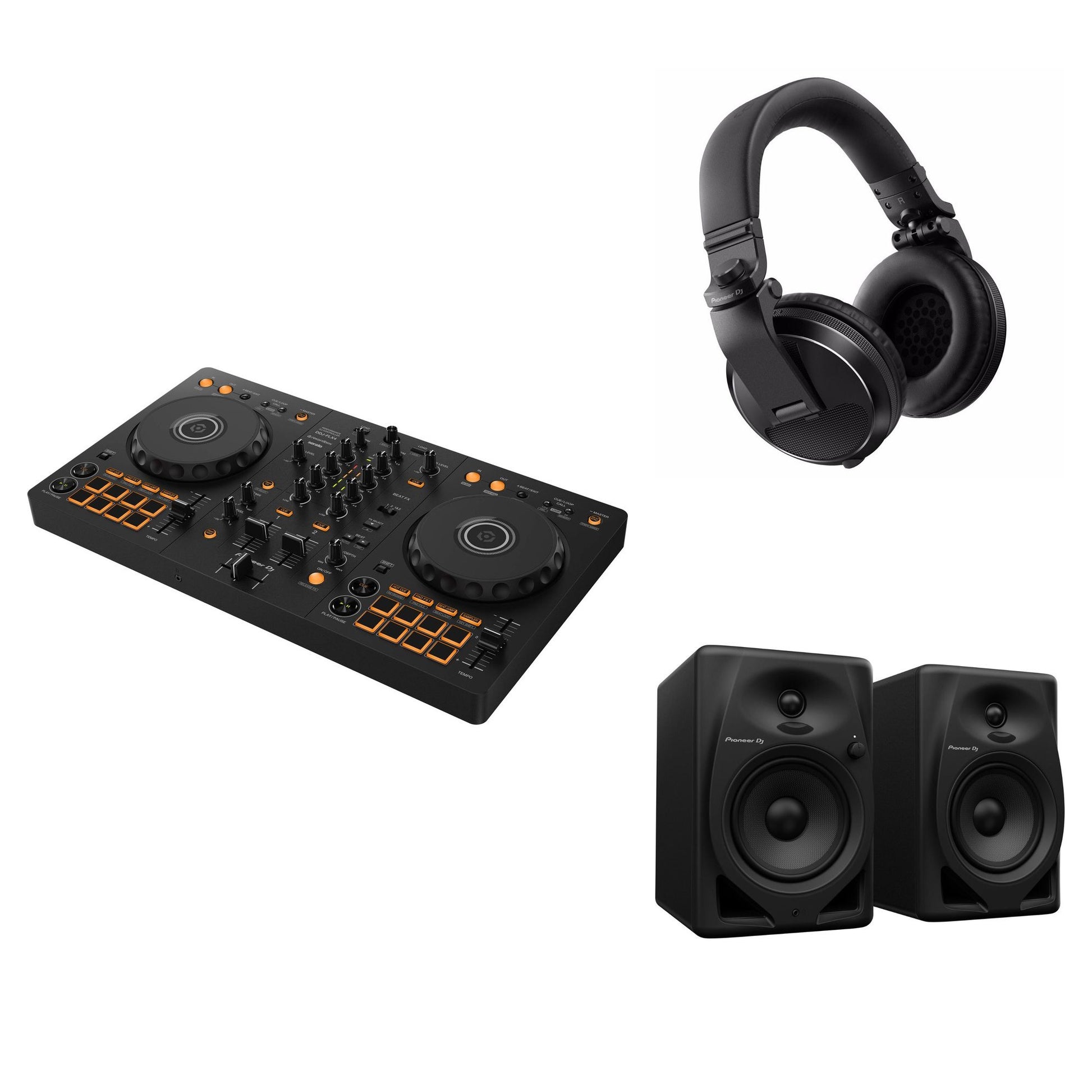 Pioneer DJ DDJ-FLX4 home studio DJ bundle with controller and accessories for beginner to intermediate DJs.