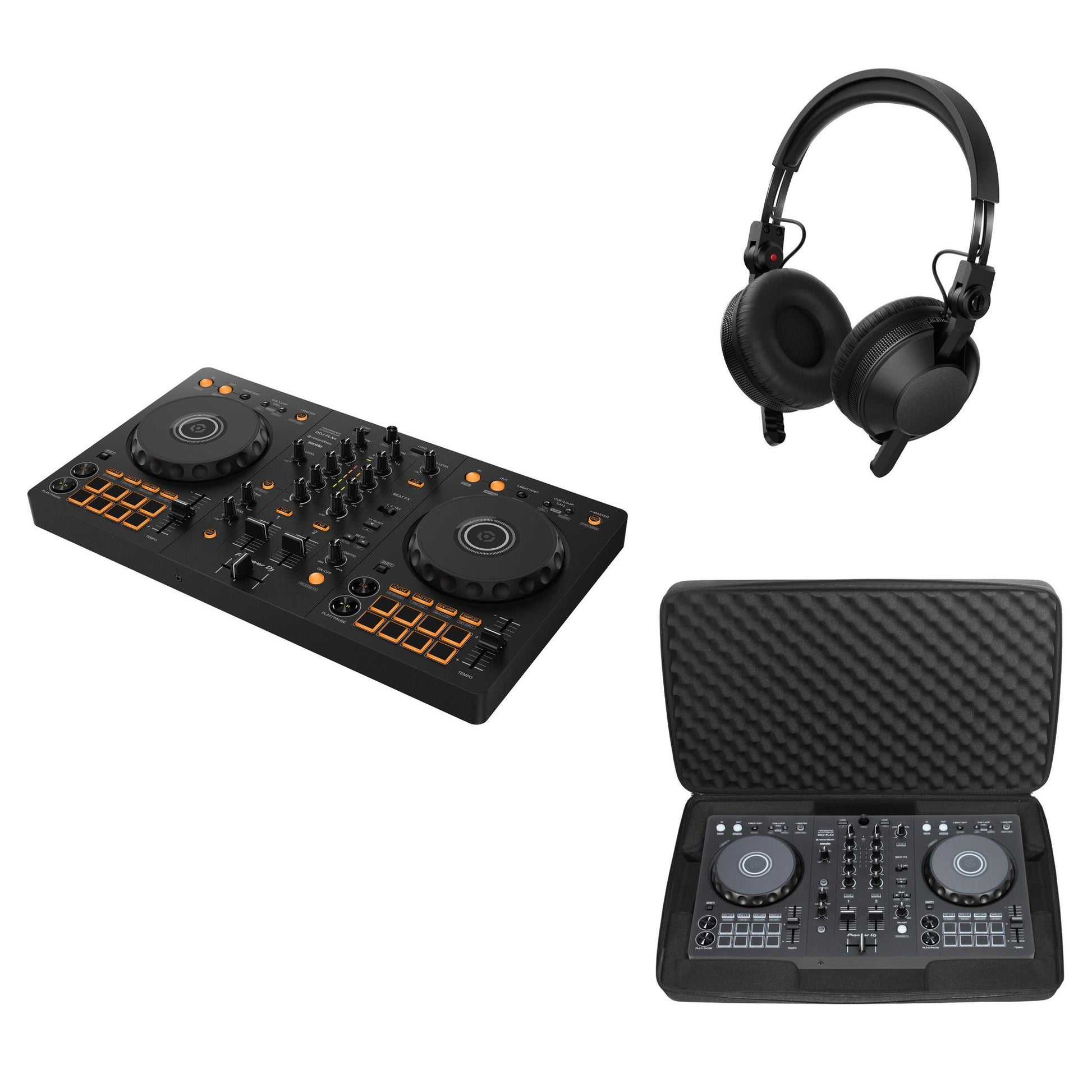 Pioneer DJ DDJ-FLX4 Mobile DJ Kit with controller and accessories, designed for portable DJ performance and mixing.