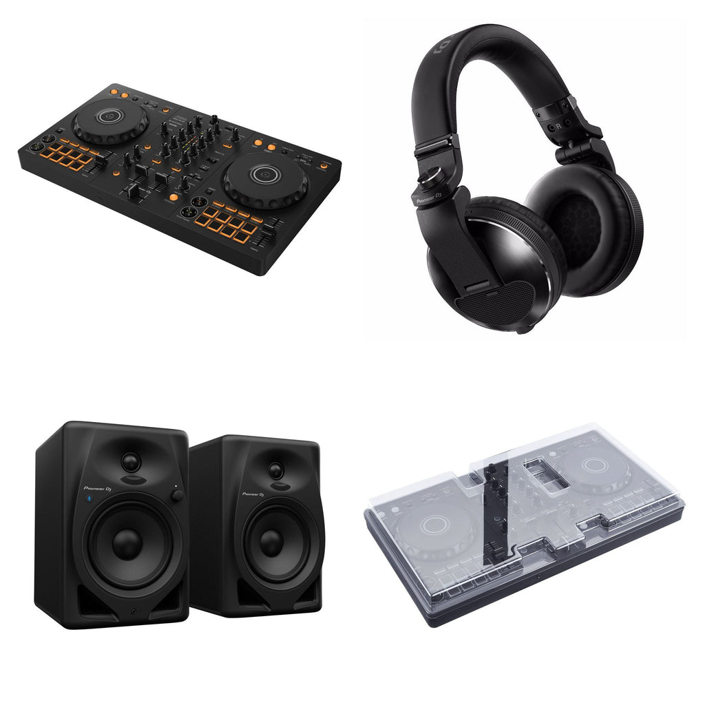 Pioneer DJ DDJ-FLX4 Pro Studio DJ bundle with controller, headphones, and accessories for professional DJ setup.