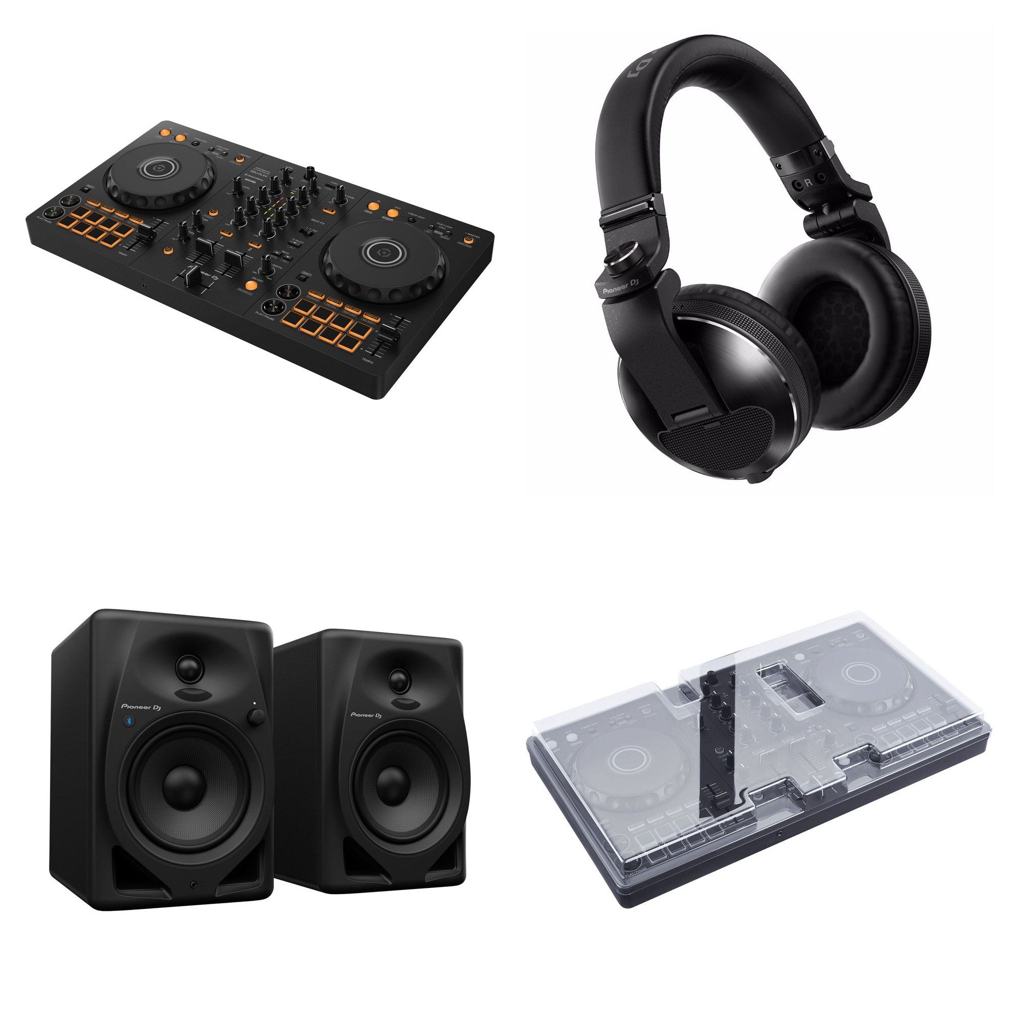 Pioneer DJ DDJ-FLX4 Pro Studio DJ bundle with controller, headphones, and accessories for professional mixing and performance.