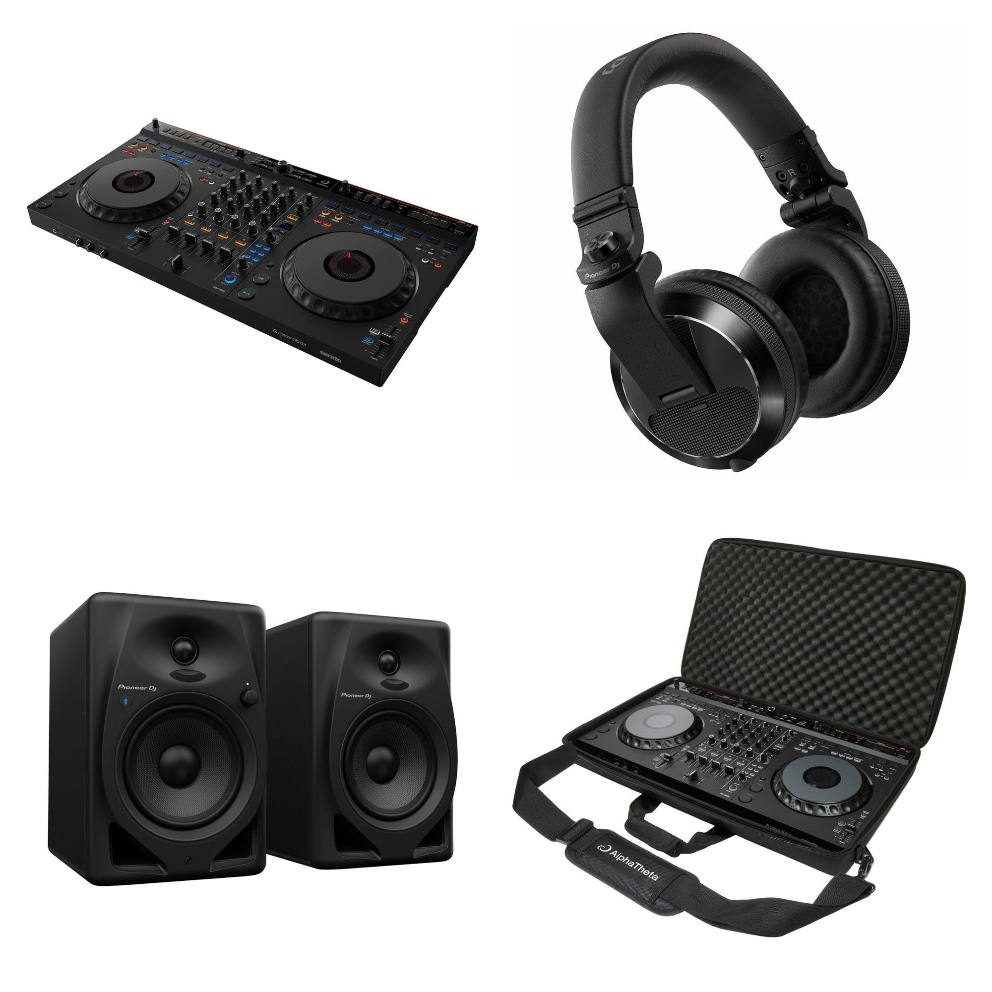 AlphaTheta DDJ-GRV6 DJ bundle setup with mixer, controllers, and accessories for professional DJ performances.