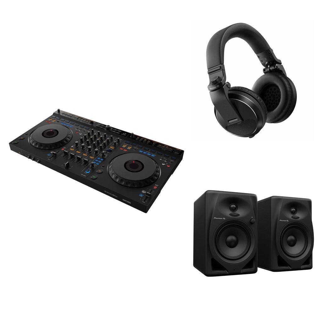 AlphaTheta DDJ-GRV6 home studio DJ bundle with turntables, mixer, and accessories for professional DJ setup.