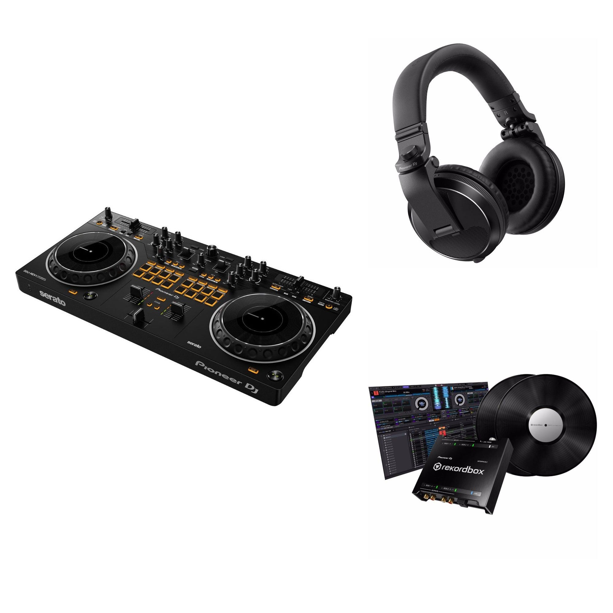 Pioneer DJ DDJ-REV1 DVS Ready DJ controller in black with jog wheels, knobs, and buttons for professional DJ mixing.