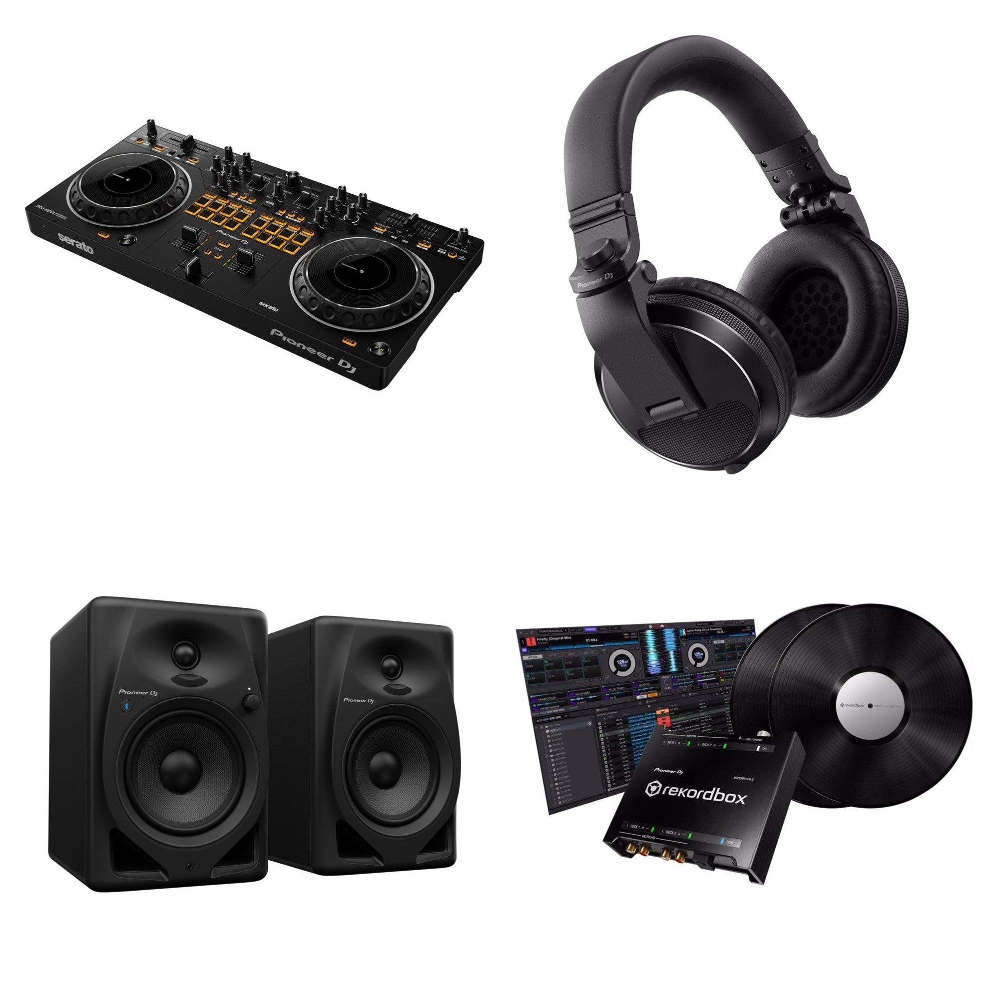 Pioneer DJ DDJ-REV1 Full Scratch Lab DJ bundle featuring controller, headphones, and accessories for DJing and scratching.