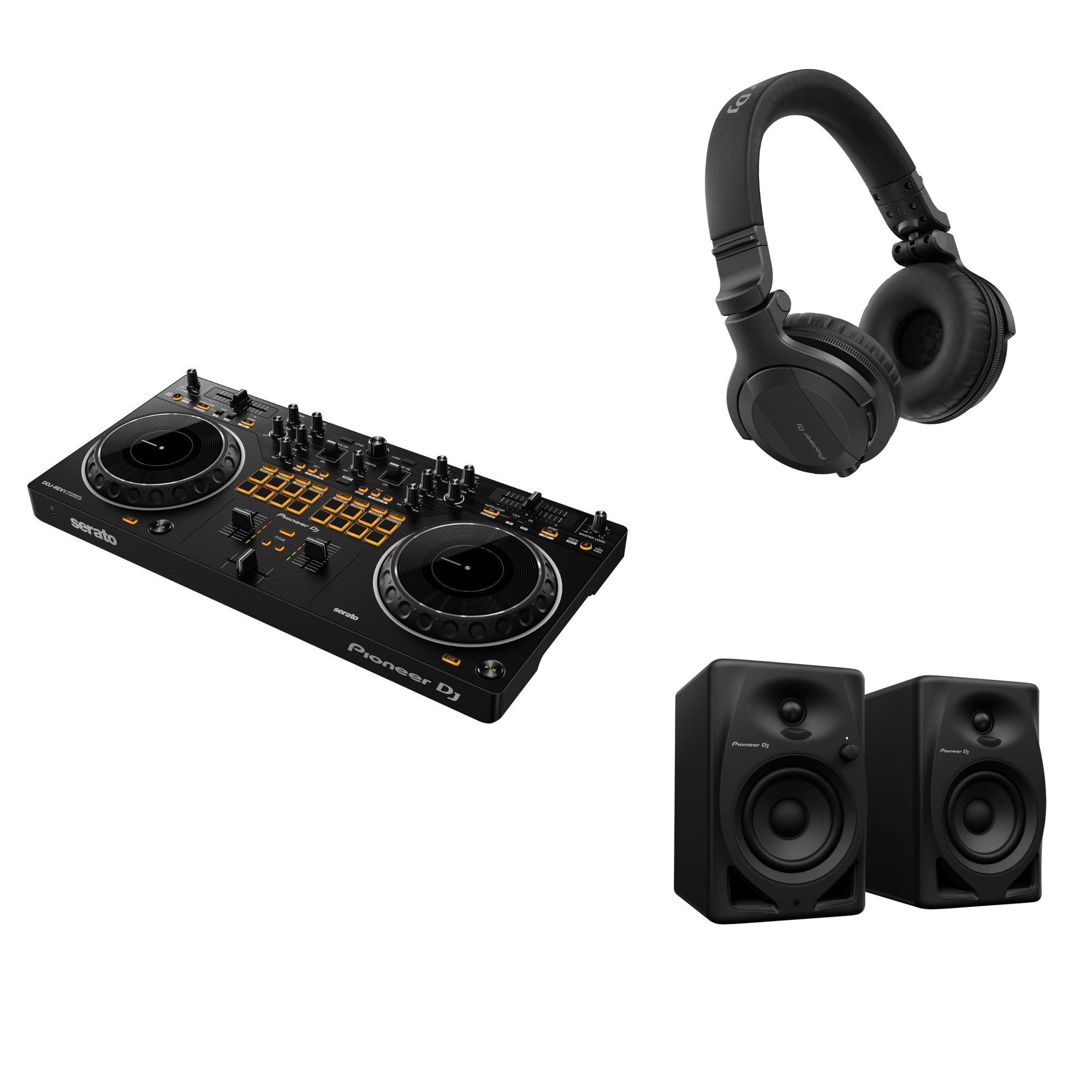 Pioneer DJ DDJ-REV1 DJ controller in a home setup with headphones and laptop for DJing at home.