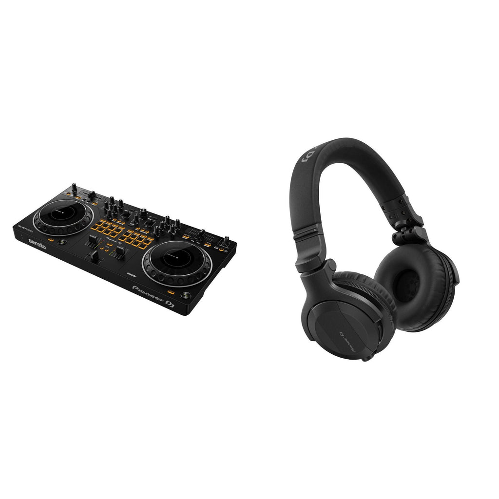 Pioneer DJ DDJ-REV1 Scratch Starter DJ bundle with controller, headphones, and accessories for beginner scratch DJs.