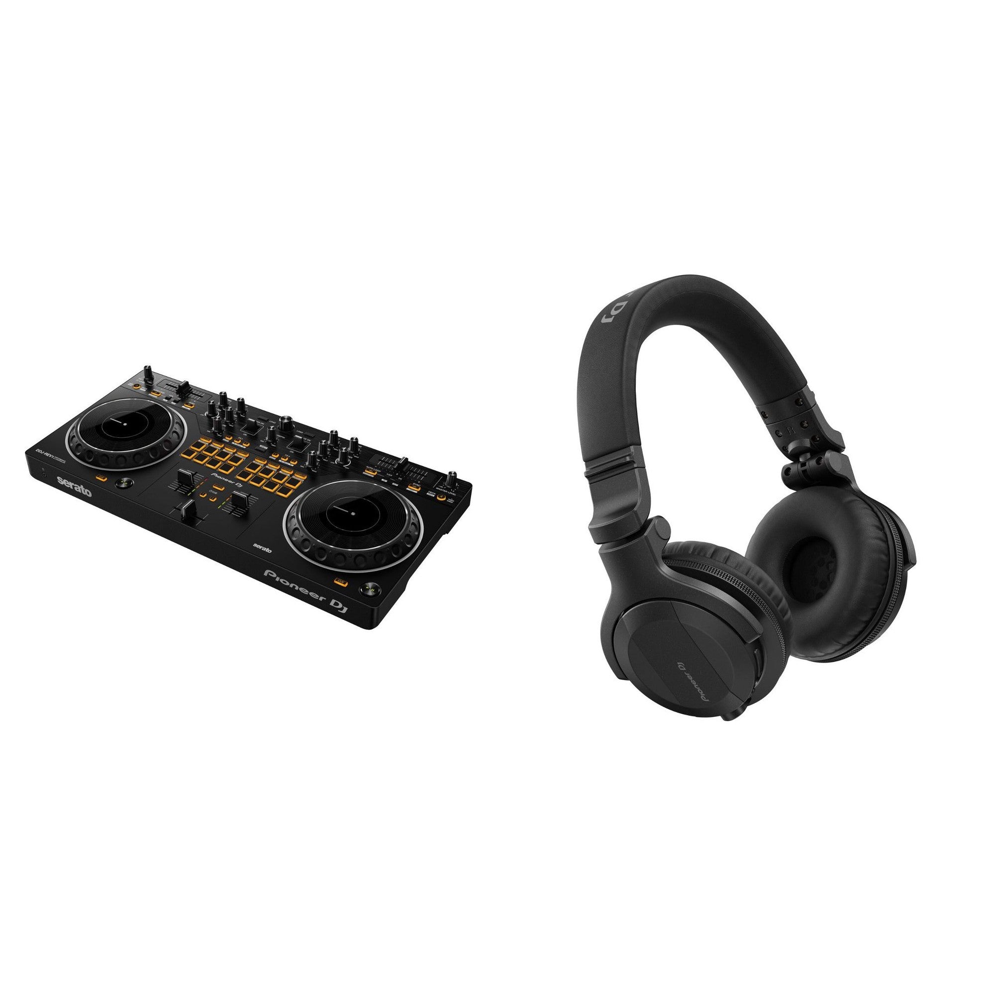 Pioneer DJ DDJ-REV1 Scratch Starter DJ bundle with controller, headphones, and accessories for beginner scratch DJs.