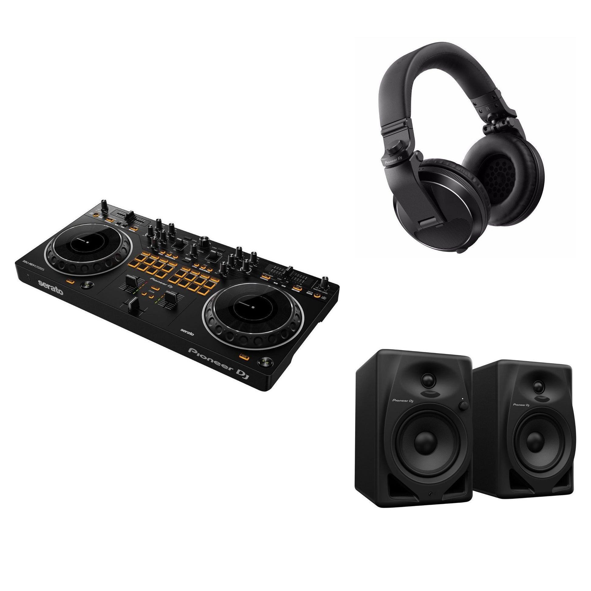 Pioneer DJ DDJ-REV1 Studio Kit with DJ controller, headphones, and accessories for professional DJ setup.