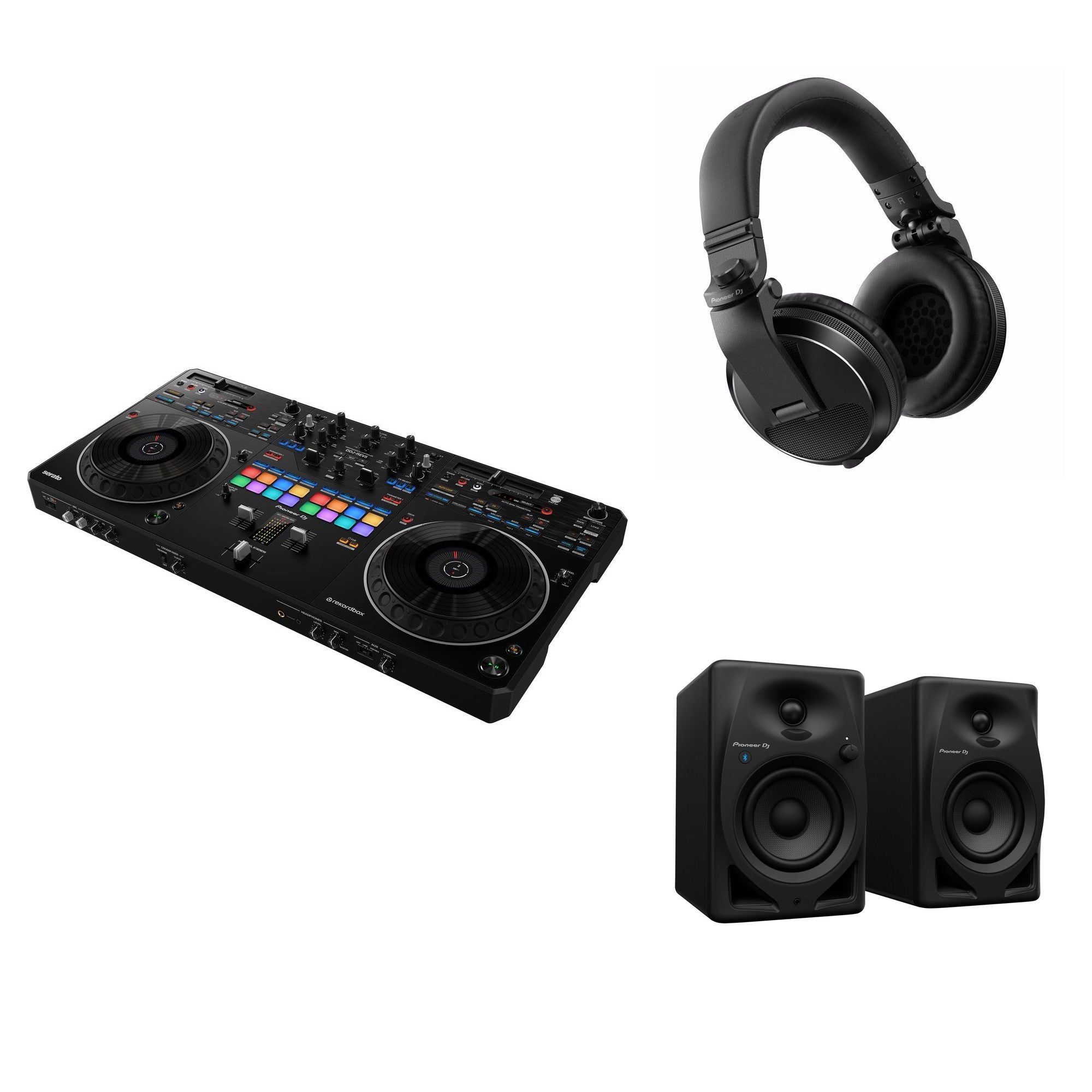 Pioneer DJ DDJ-REV5 Home Studio DJ bundle with mixer, turntables, and accessories for home DJ setup.