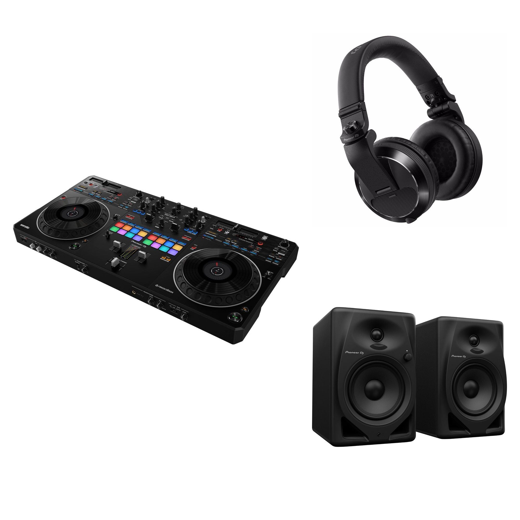 Pioneer DJ DDJ-REV5 Pro Studio DJ bundle with controller, headphones, and accessories on a studio setup.