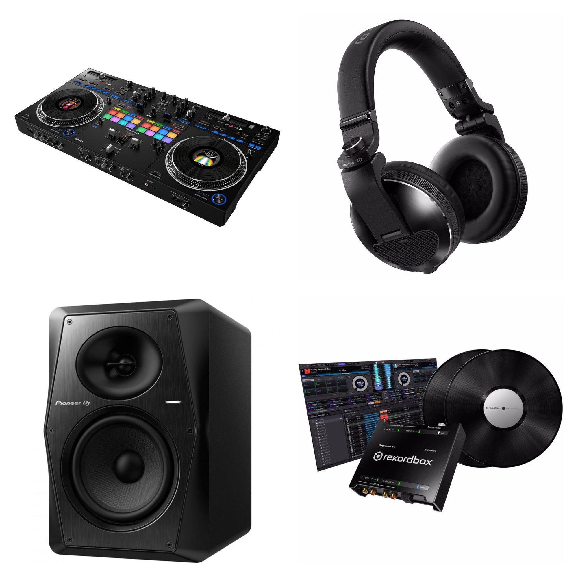 Pioneer DJ DDJ-REV7 DVS Master DJ controller in a music studio setup with control knobs and jog wheels.