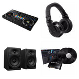 Pioneer DJ DDJ-REV7 DVS Pro DJ controller bundled with accessories, featuring jog wheels, controls, and professional DJ setup elements.
