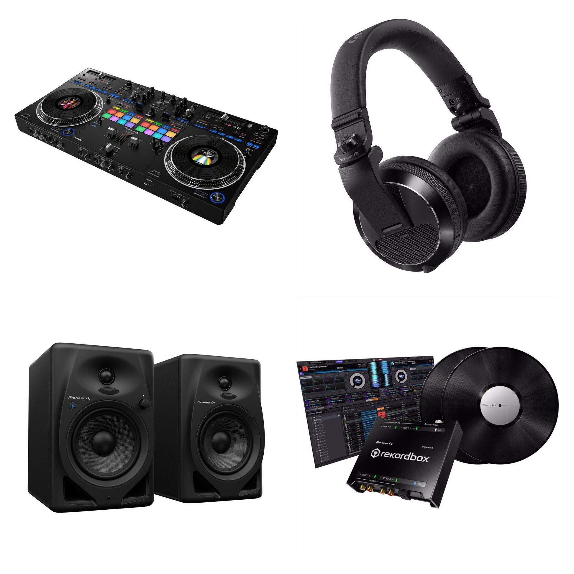 Pioneer DJ DDJ-REV7 DVS Pro DJ controller bundled with accessories, featuring jog wheels, controls, and professional DJ setup elements.