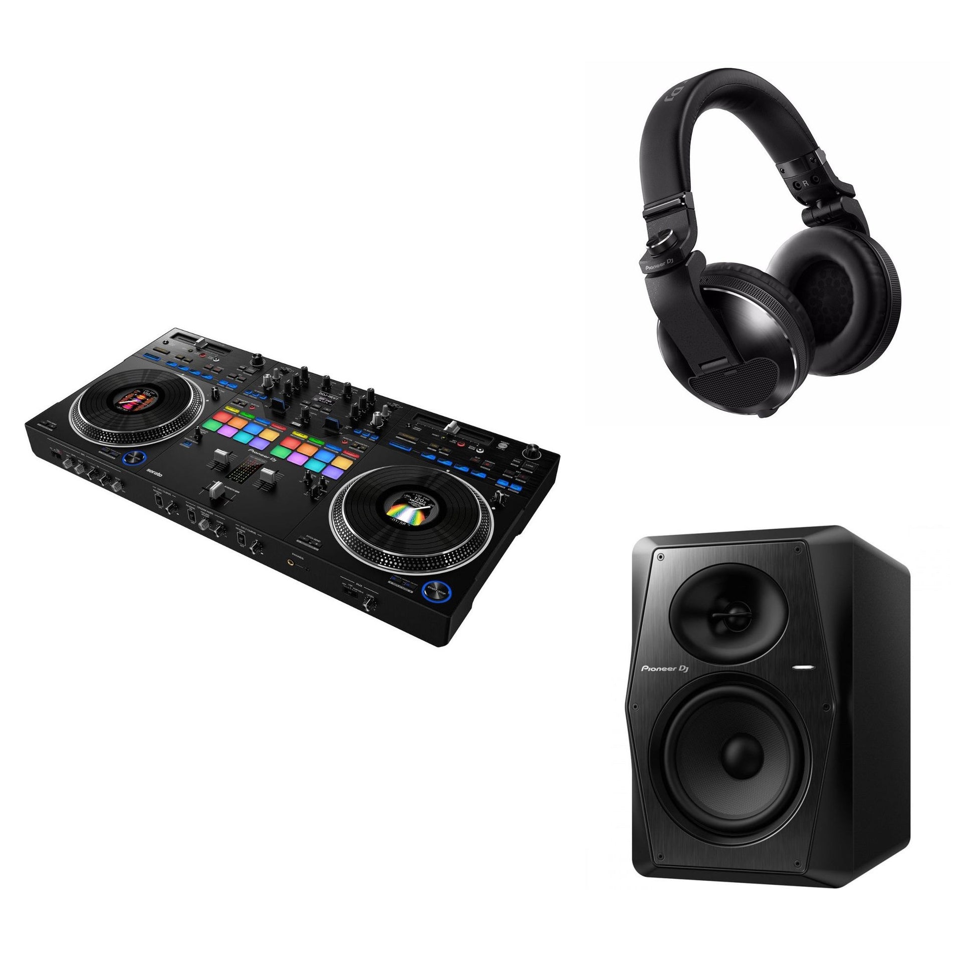 Pioneer DJ DDJ-REV7 Reference Studio DJ bundle with controller, headphones, and accessories for professional DJ setup.