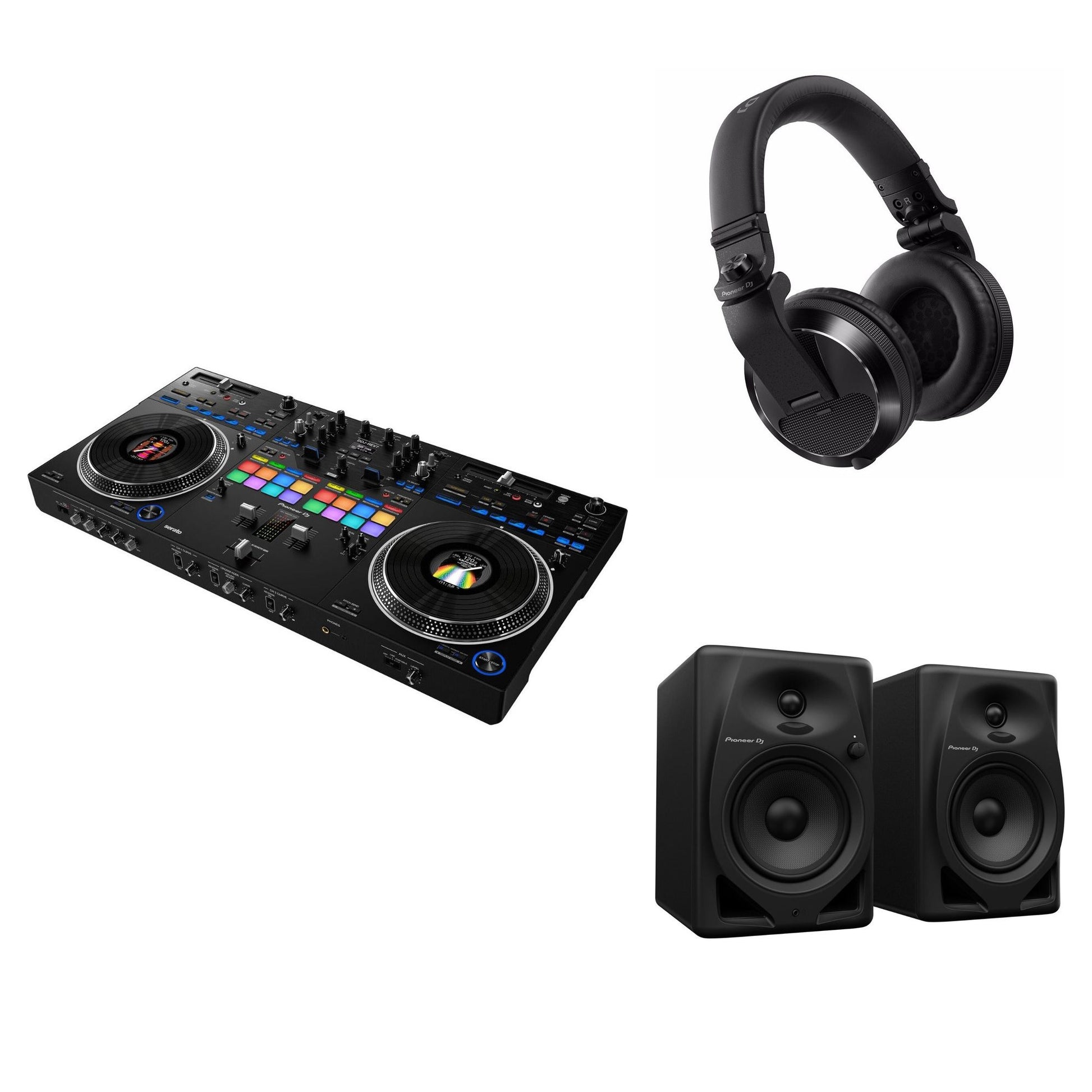 Pioneer DJ DDJ-REV7 Studio DJ controller bundle with professional mixing equipment and accessories for DJs.