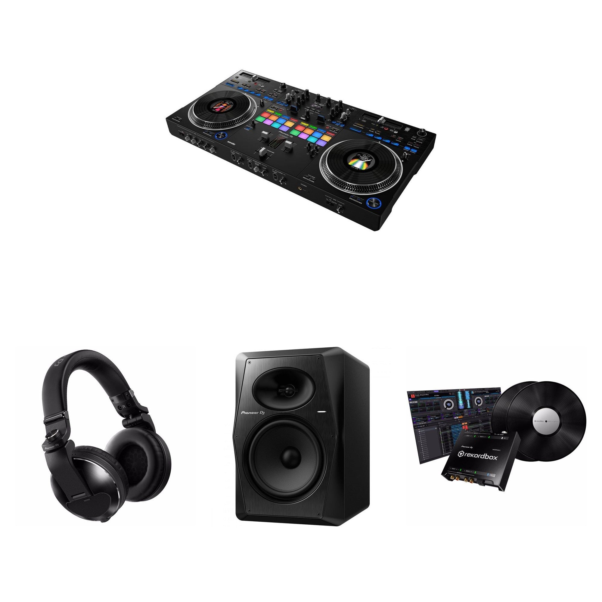 Pioneer DJ DDJ-REV7 Ultimate DJ bundle with controller, headphones, and accessories for professional turntable mixing.