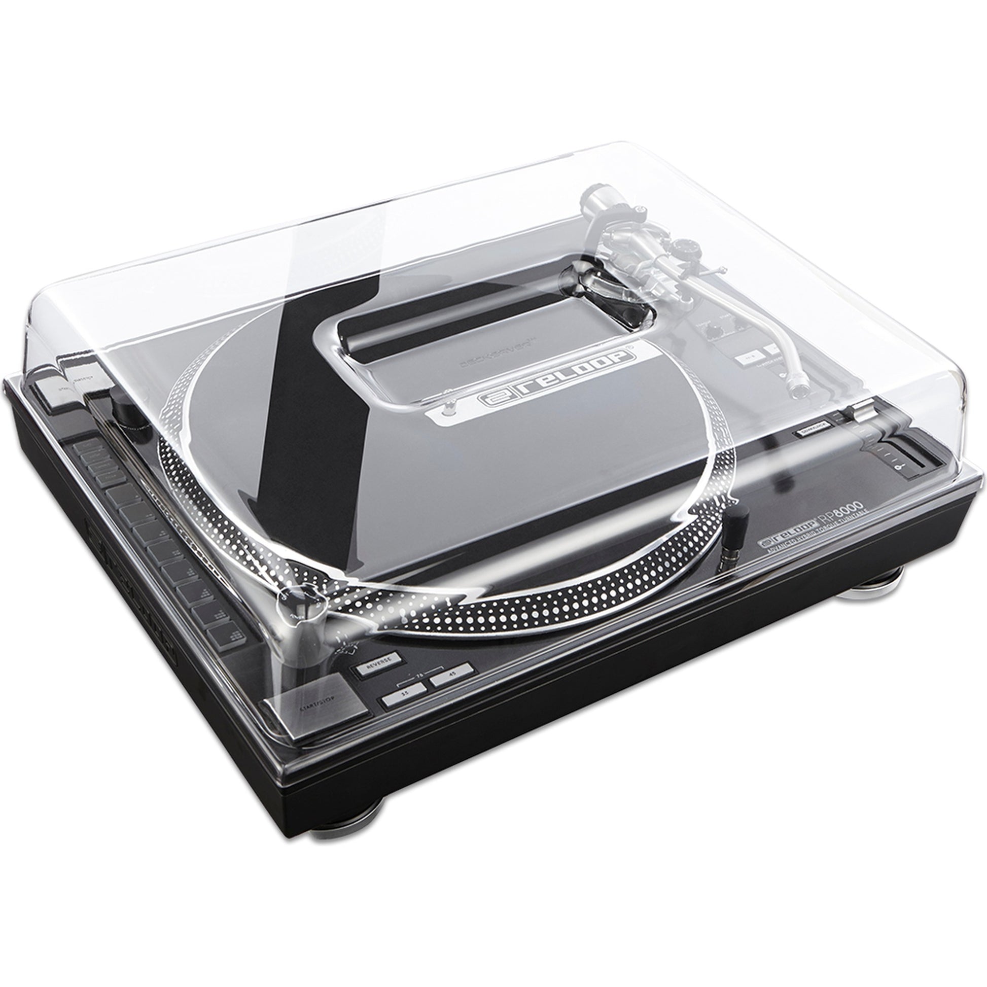 Decksaver Reloop turntable cover, durable DJ cover by Decksaver, showing clear plastic protective design for Reloop turntables.