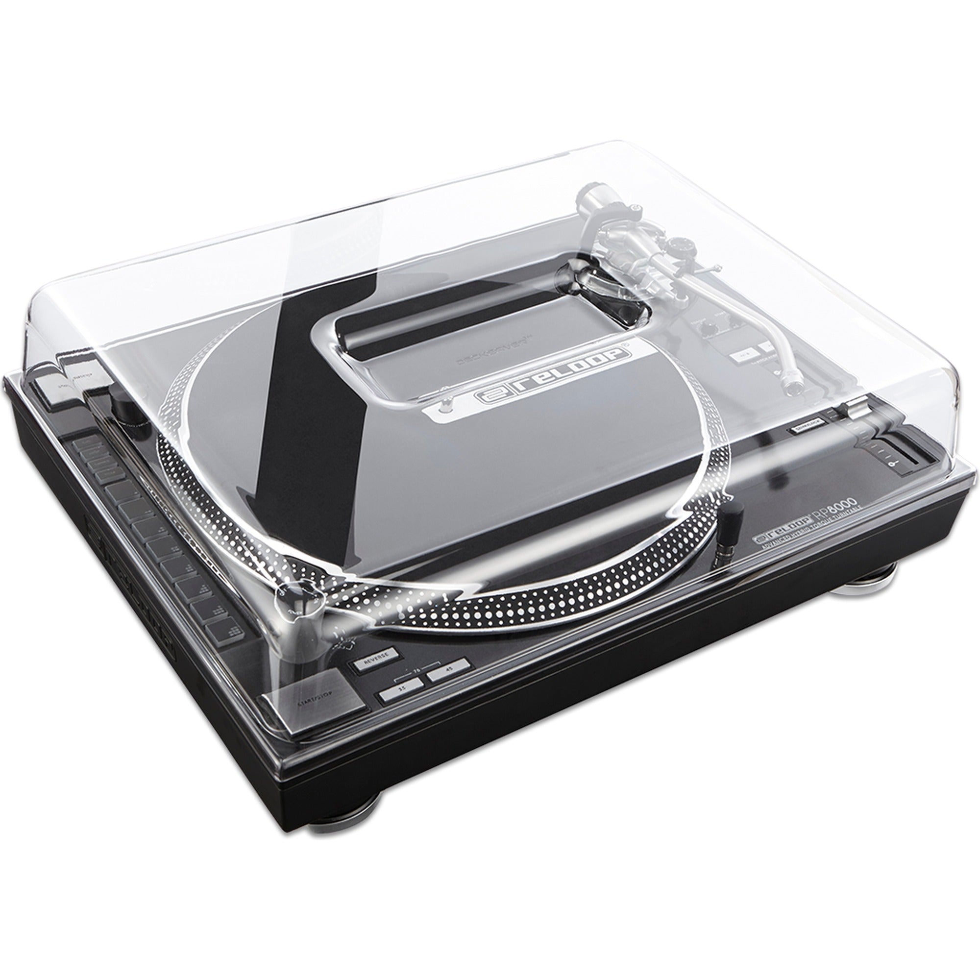 Decksaver Reloop turntable cover, durable DJ cover by Decksaver, showing clear plastic protective design for Reloop turntables.