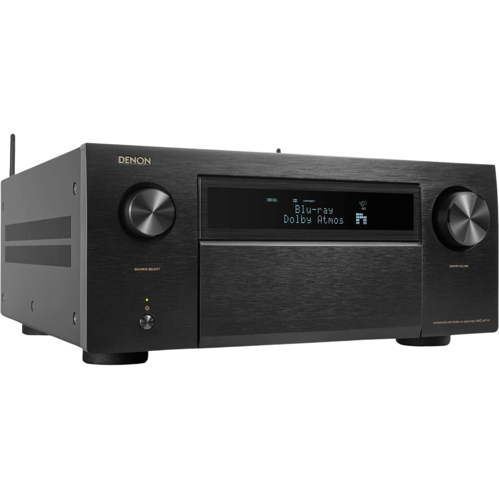 Denon AVC-A1H stereo amplifier with sleek black design, multiple input ports, and control knobs on the front panel.