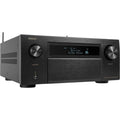 Denon AVC-A1H stereo amplifier with sleek black design, multiple input ports, and control knobs on the front panel.